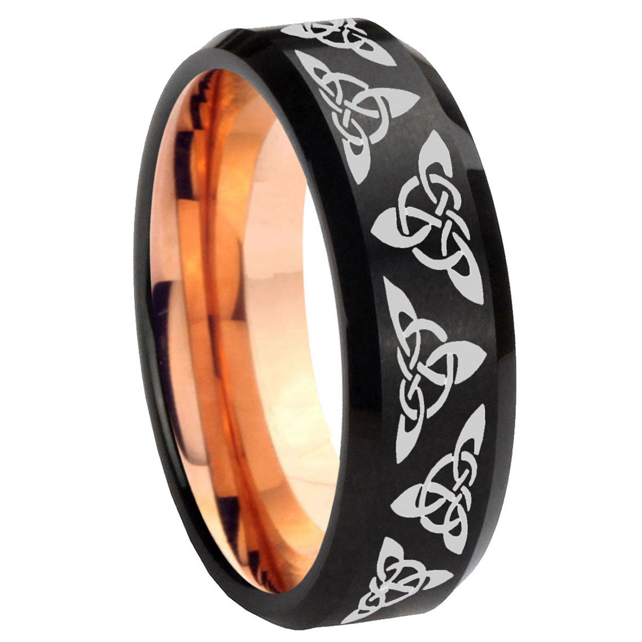 8MM Celtic Knot Beveled Rose Gold Black Tungsten Promise Ring