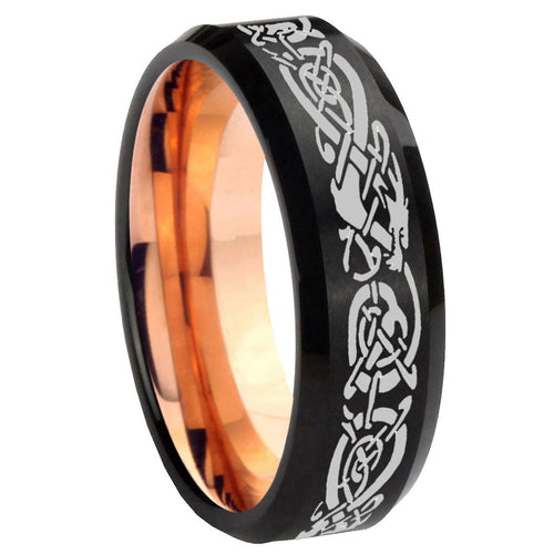10mm Celtic Dragon Bevel Tungsten Rose Gold Mens Wedding Band