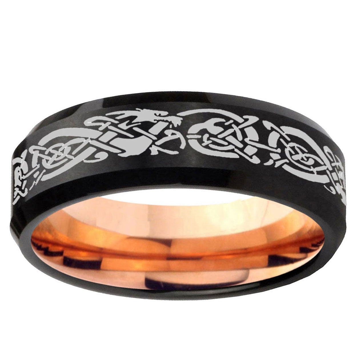 5mm Celtic Knot Dragon Two-Tone Beveled Black Rose Gold Tungsten Band
