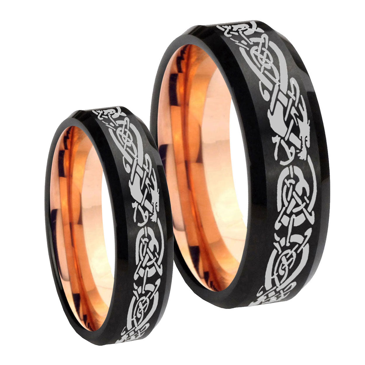 Celtic Dragons Bevel Rose Gold Tungsten Mens Set Ring