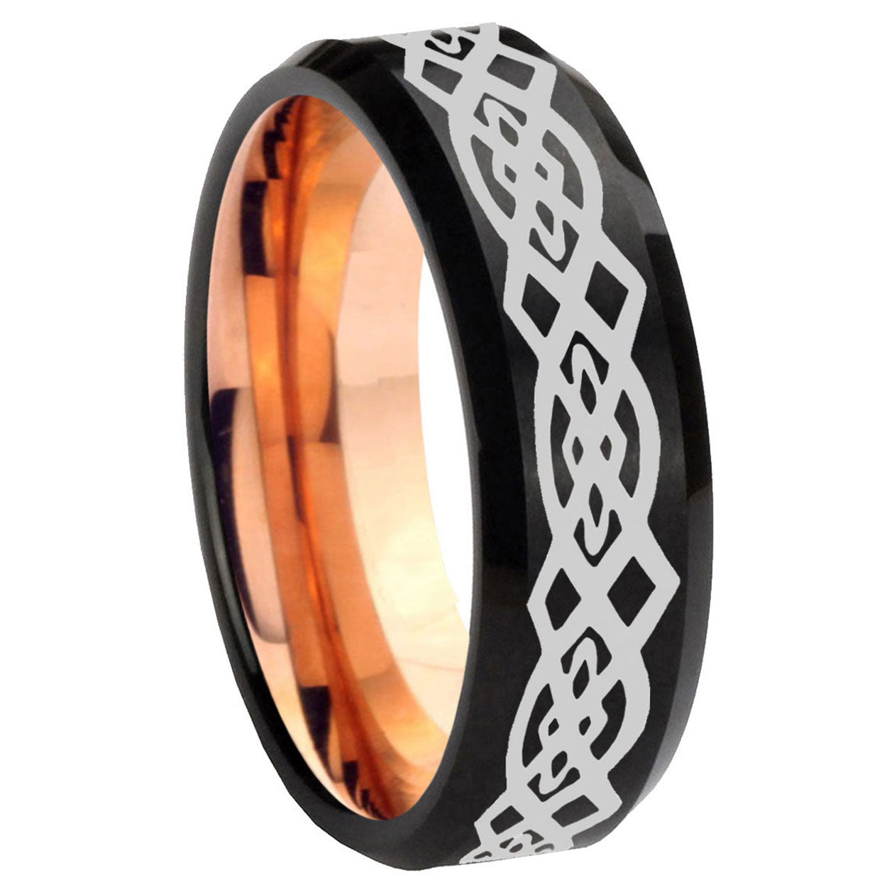8MM Celtic Knot Beveled Rose Gold Black Tungsten Band For Men