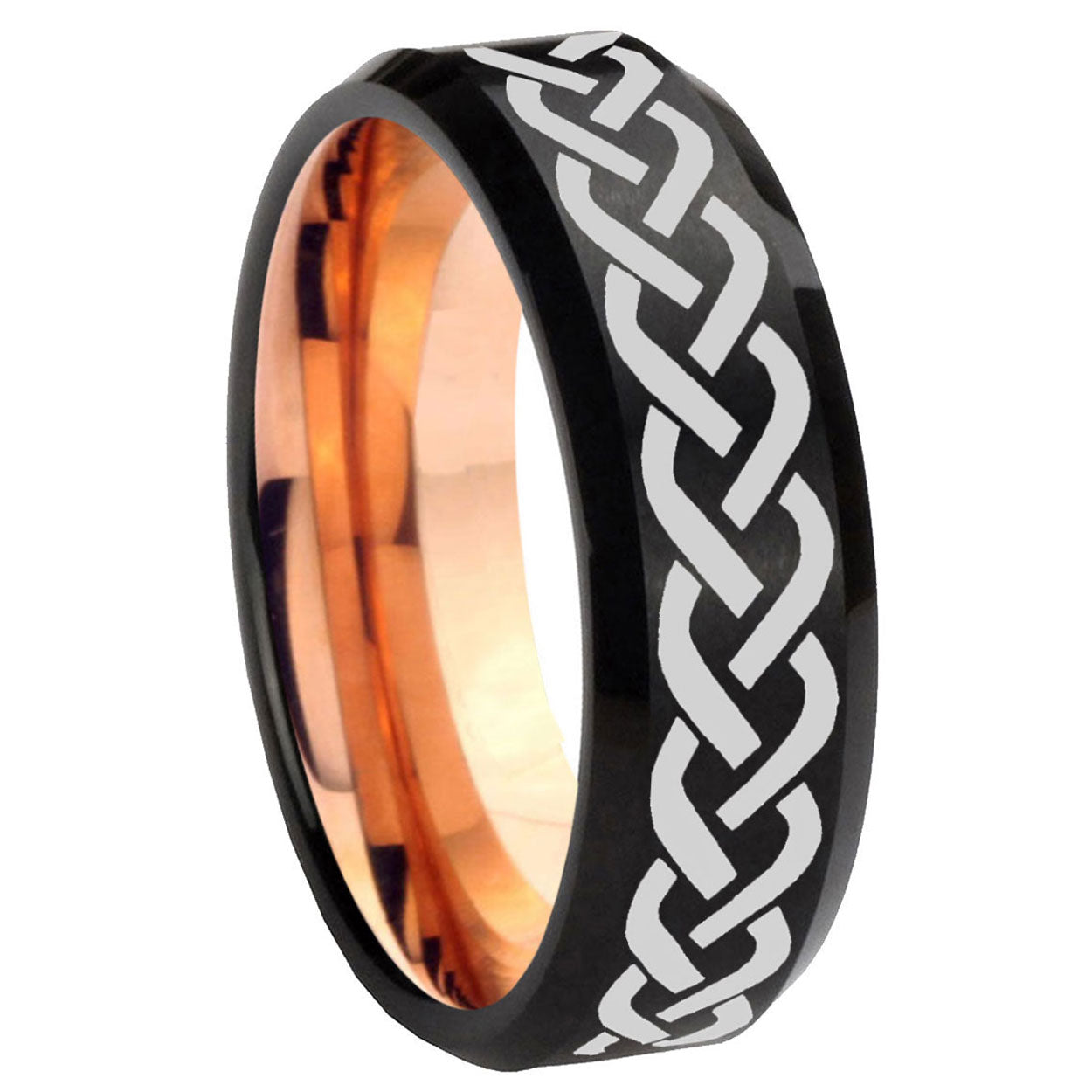 10mm Laser Celtic Knot Bevel Tungsten Rose Gold Mens Wedding Band