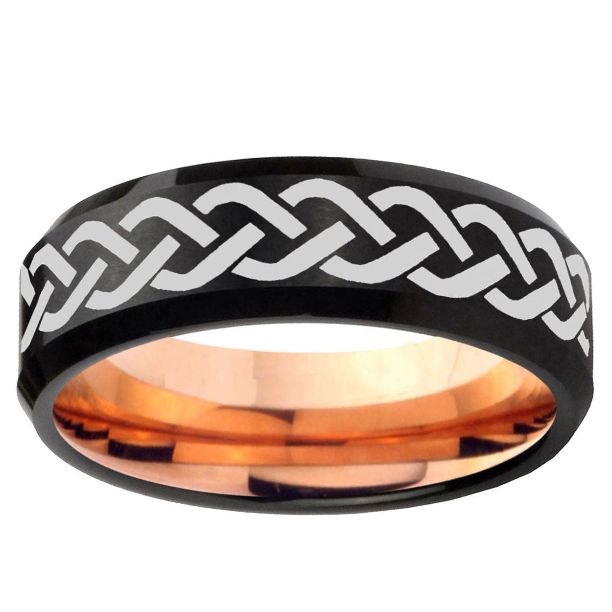 10mm Laser Celtic Knot Bevel Tungsten Rose Gold Mens Wedding Band