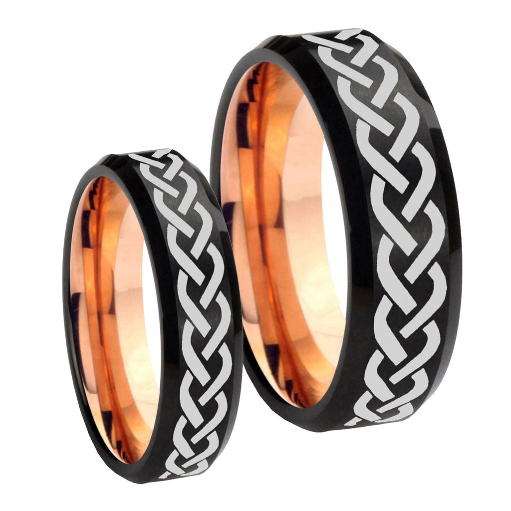 Laser Celtic Knots Bevel Rose Gold Tungsten Mens Band Set