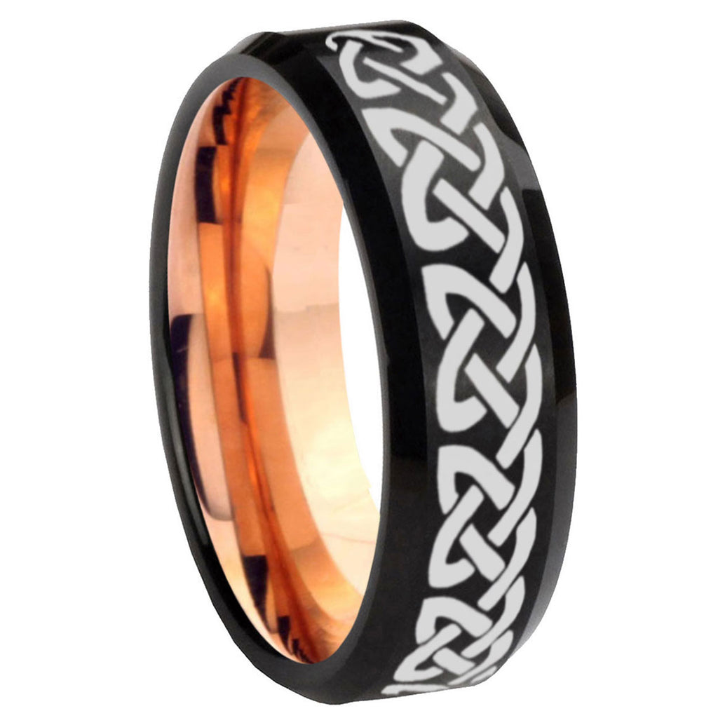10mm Celtic Knot Love Bevel Tungsten Rose Gold Mens Wedding Band