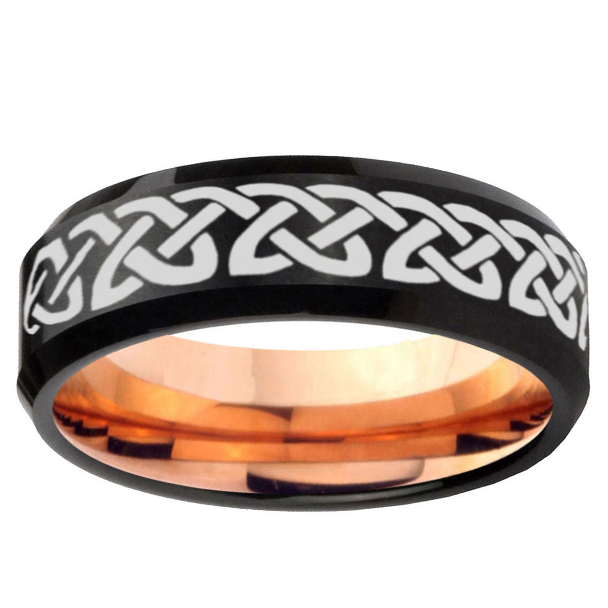 10mm Celtic Knot Love Bevel Tungsten Rose Gold Mens Wedding Band