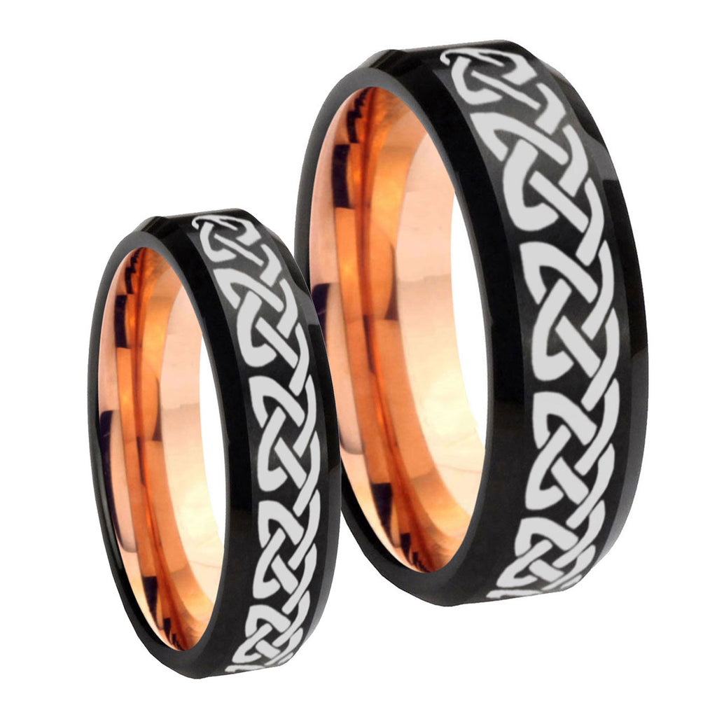 Celtic Knot Loves Bevel Rose Gold Tungsten Bridal Ring Sets