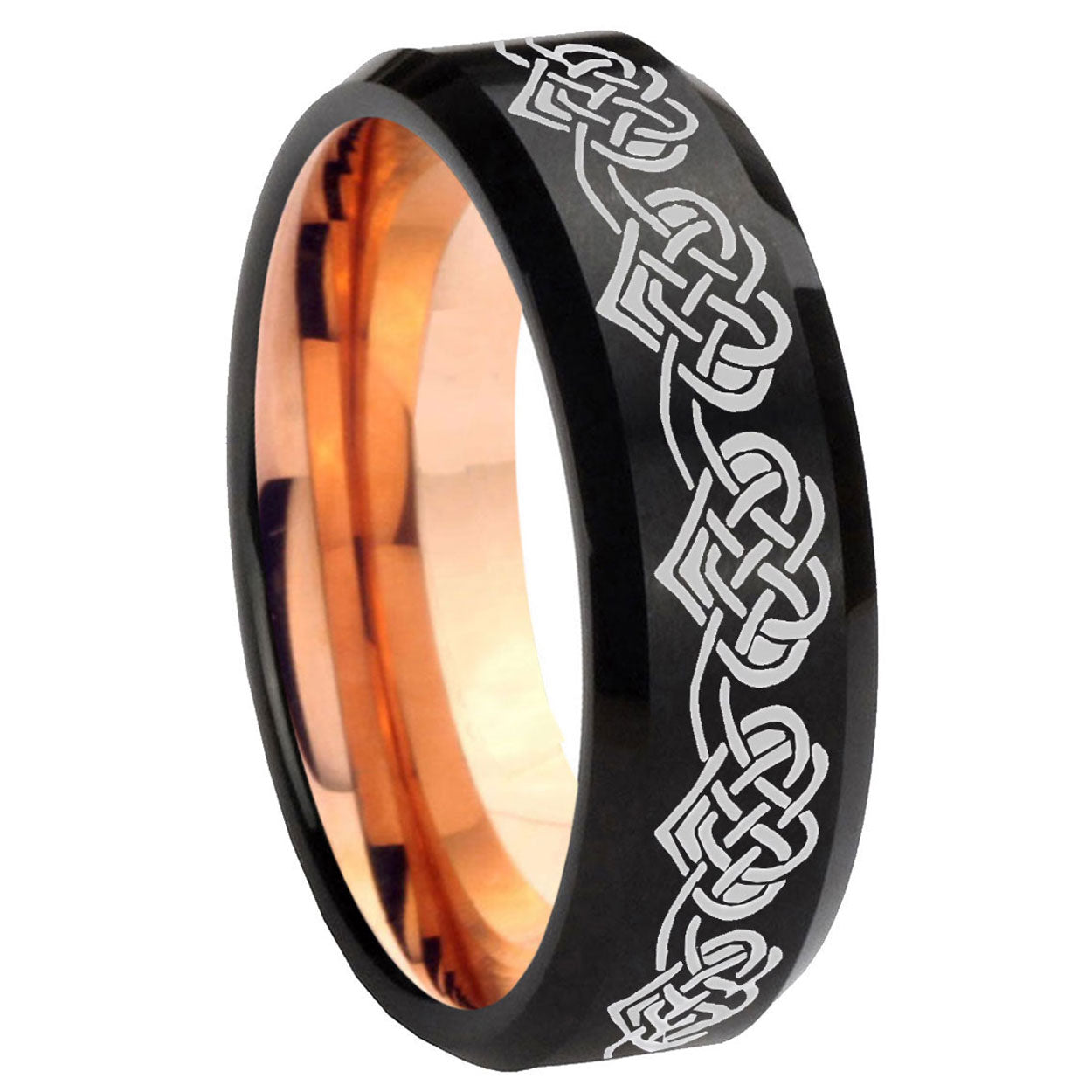 8MM Celtic Knot Heart Beveled Rose Gold Black Tungsten Engravable Ring