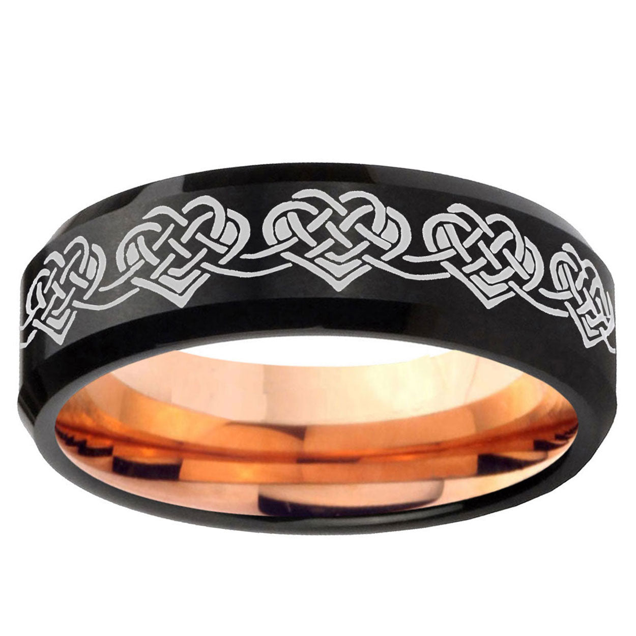 5MM Celtic Knot Heart Beveled Rose Gold Black Tungsten Engravable Ring