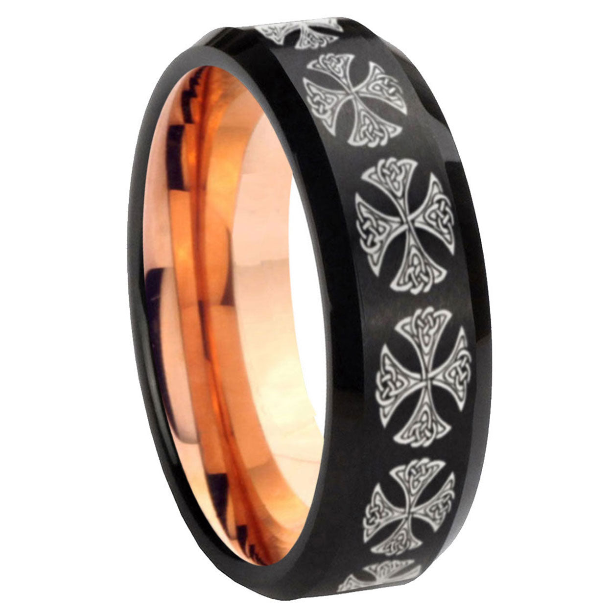 8MM Medieval Cross Beveled Rose Gold Black Tungsten Wedding Band For Men