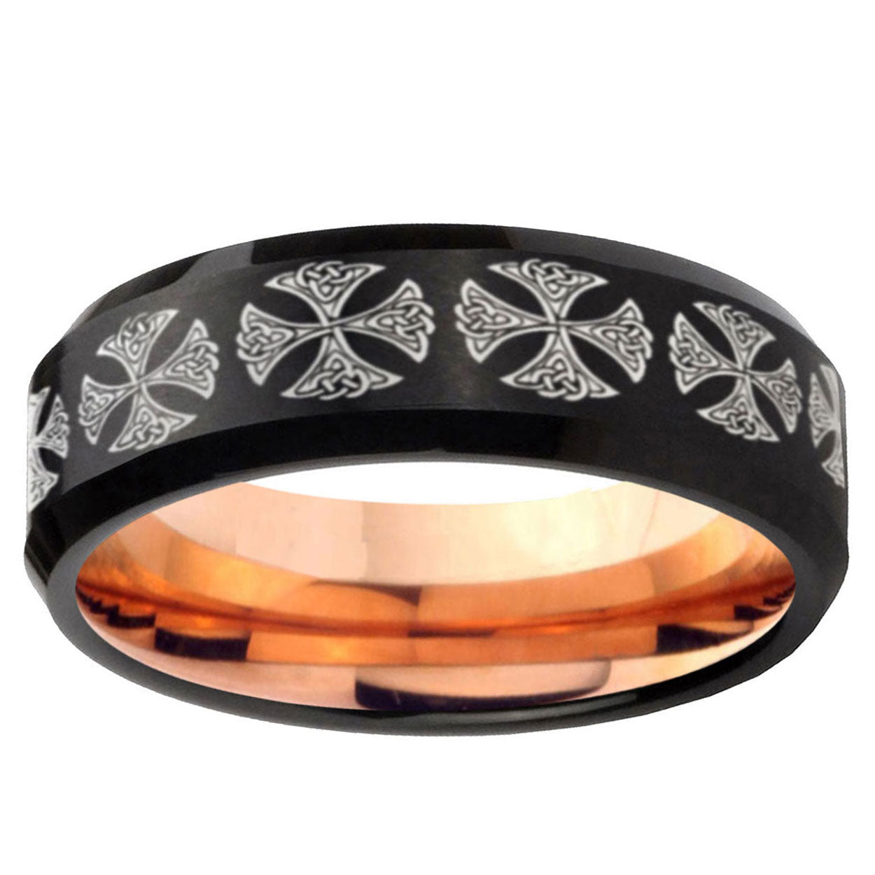 5MM Medieval Cross Beveled Rose Gold Black Tungsten Wedding Band For Men