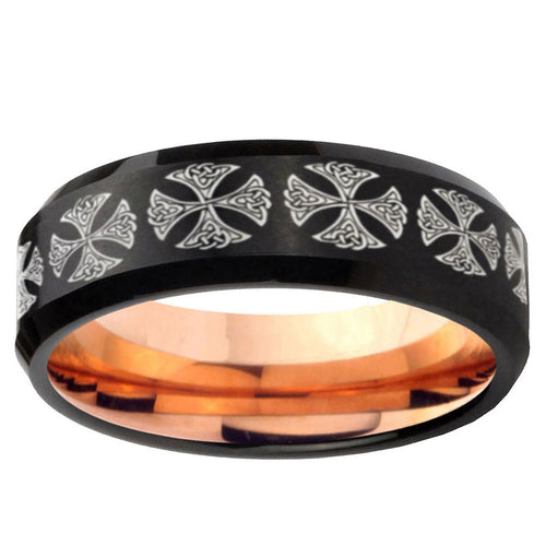 10mm Medieval Cross Bevel Tungsten Rose Gold Mens Wedding Band