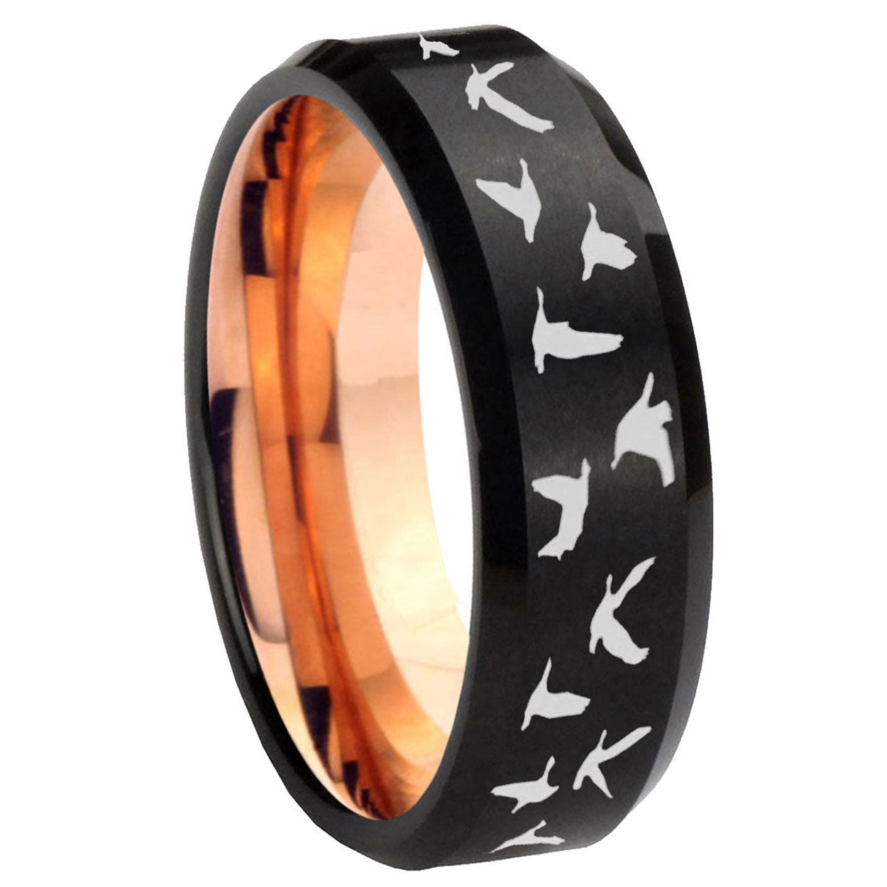 8MM Flaying Geese Hunting Beveled Rose Gold Black Tungsten Band For Men