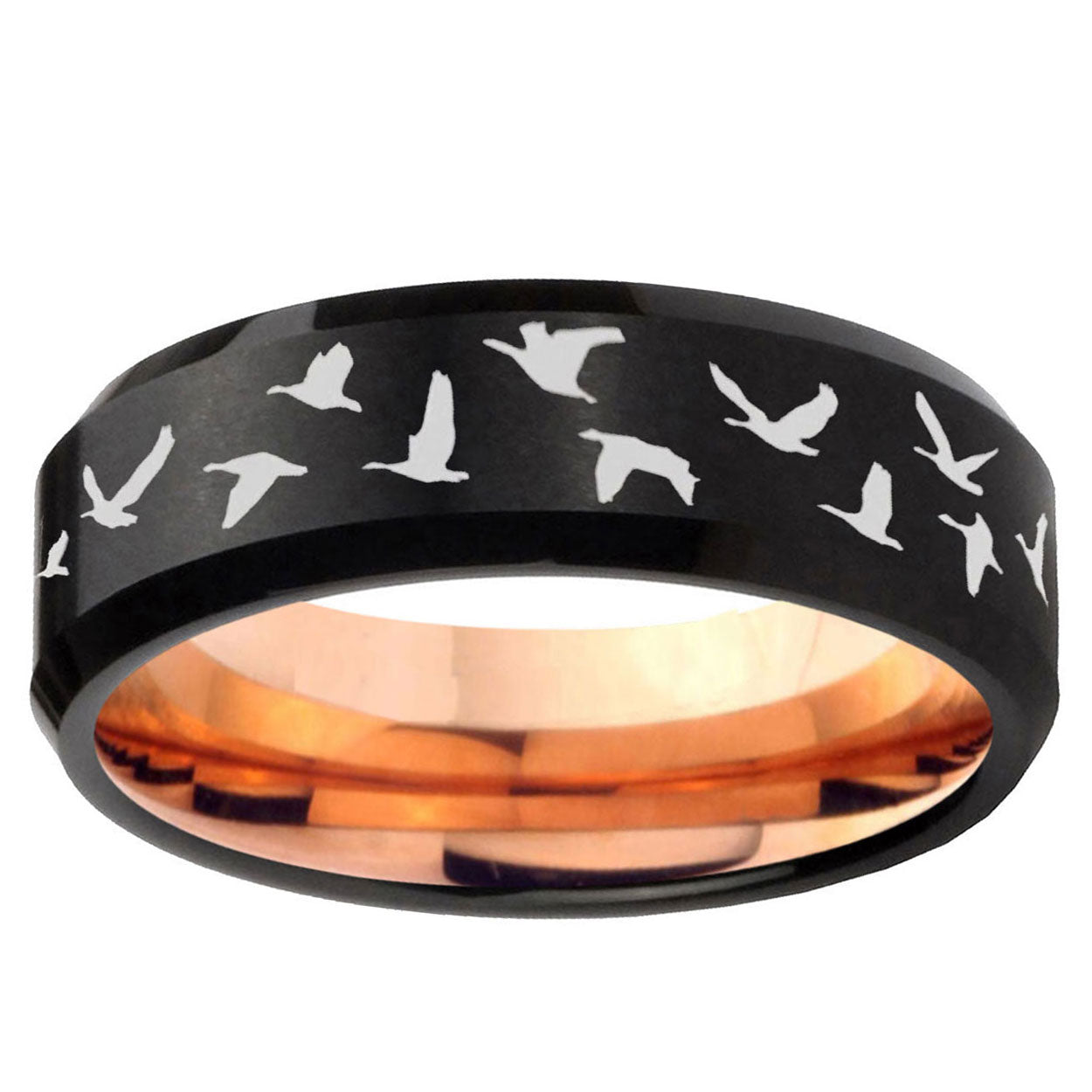5MM Flaying Geese Hunting Beveled Rose Gold Black Tungsten Band For Men