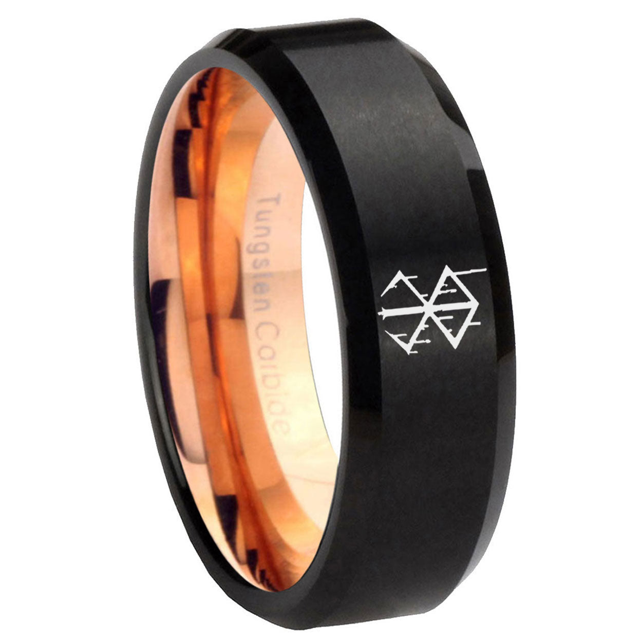 8mm Stigma Sangrando Berserk Inspired Two-Tone Beveled Black Rose Gold Tungsten Band