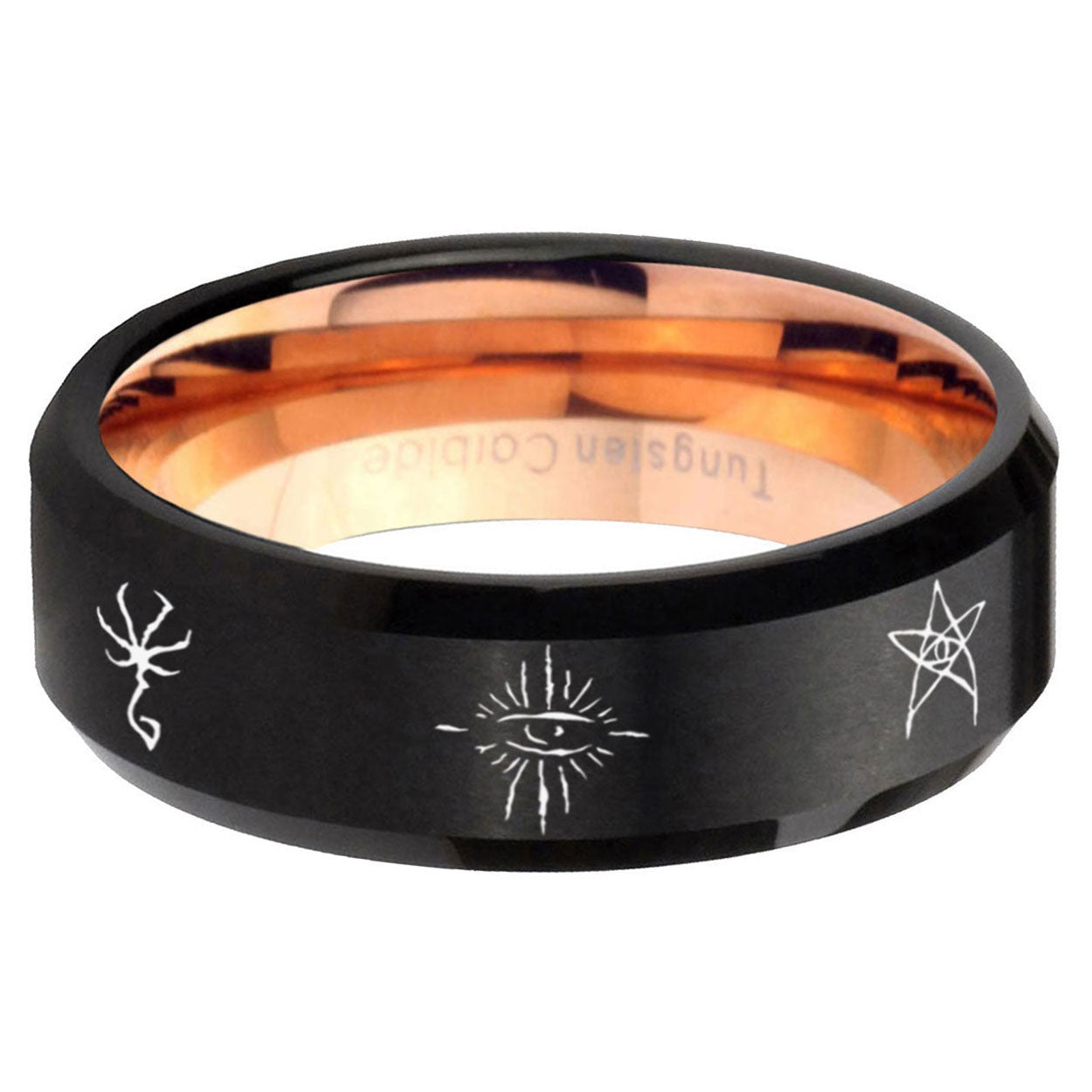 5mm Blackborne Caryll Runes Two-Tone Beveled Black Rose Gold Tungsten Band