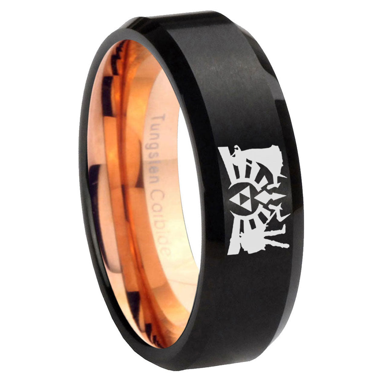 8mm Zelda Link Two-Tone Beveled Black Rose Gold Tungsten Band