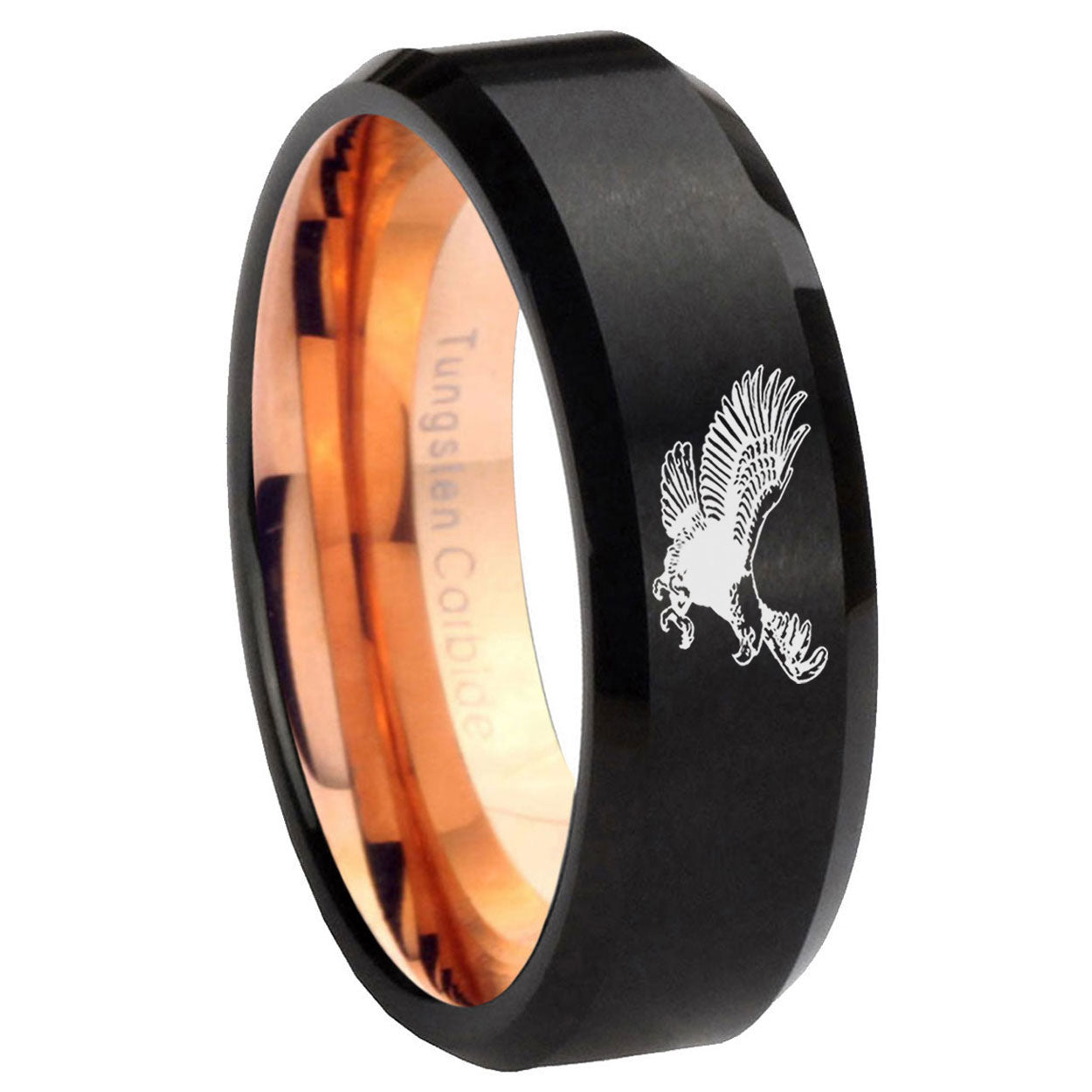 8mm Flying American Eagle Two-Tone Beveled Black Rose Gold Tungsten Band