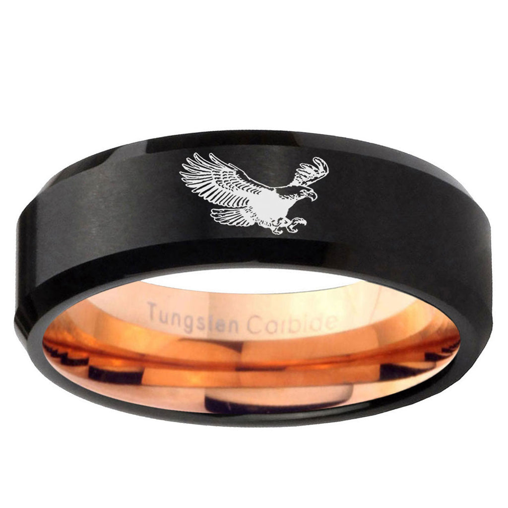 5mm Flying American Eagle Two-Tone Beveled Black Rose Gold Tungsten Band