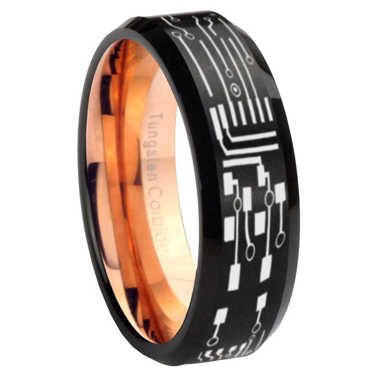 8mm Circuit Board Two-Tone Beveled Black Rose Gold Tungsten Band