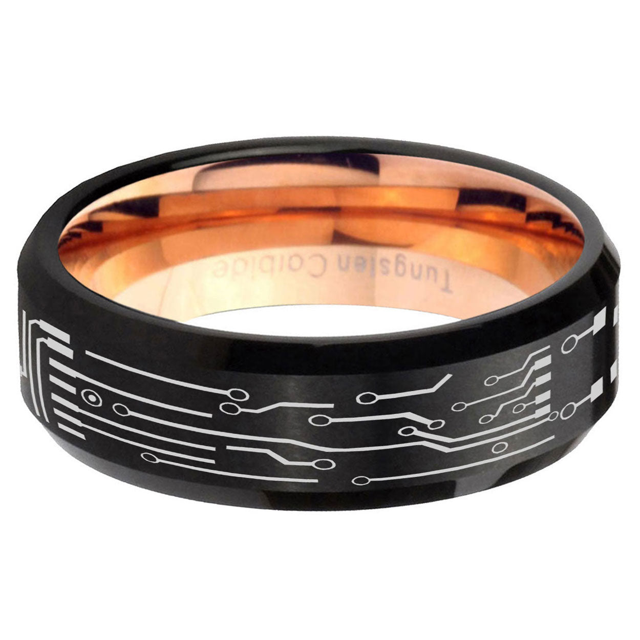 5mm Circuit Board Two-Tone Beveled Black Rose Gold Tungsten Band