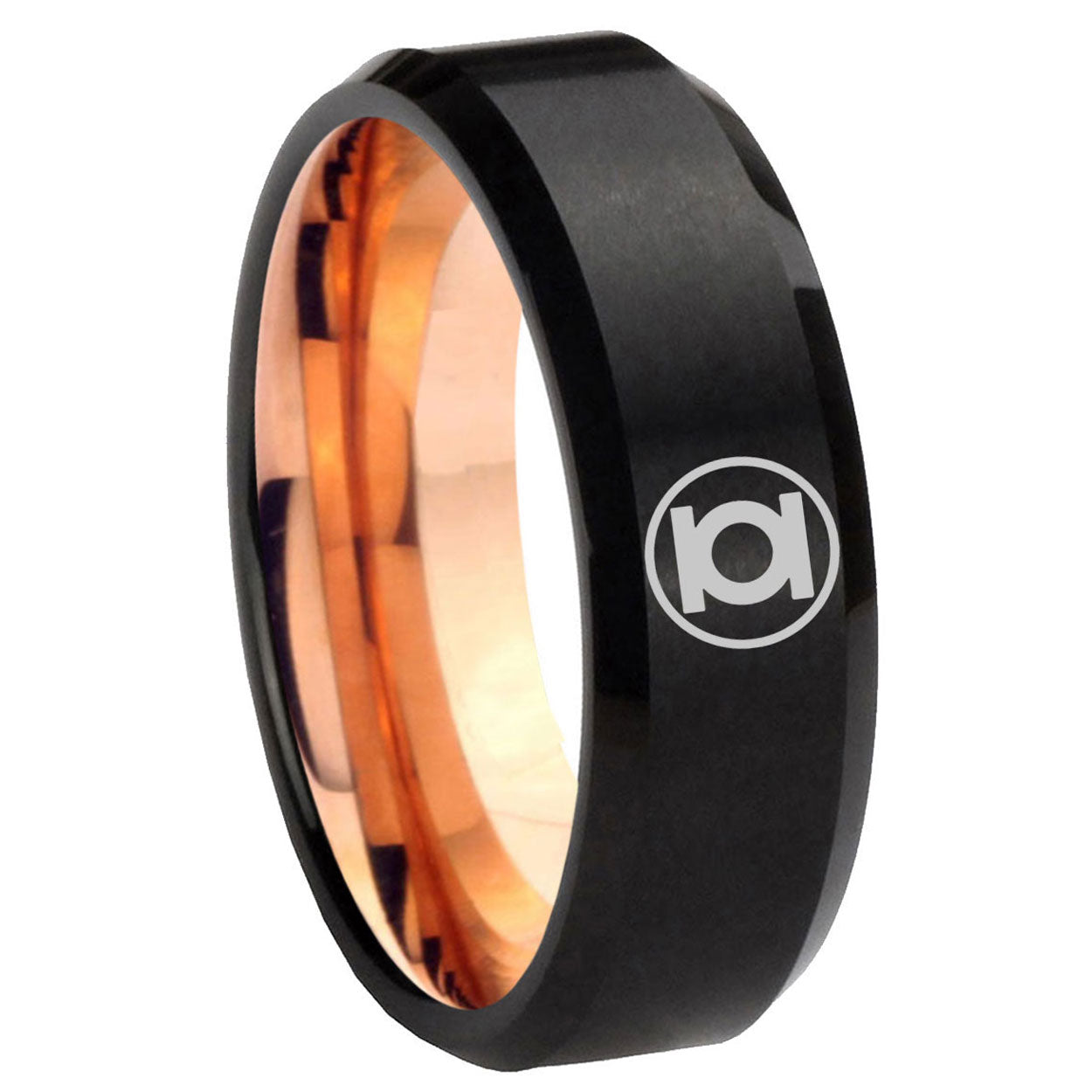 8MM Green Lantern Beveled Rose Gold Black Tungsten Mens Wedding Band
