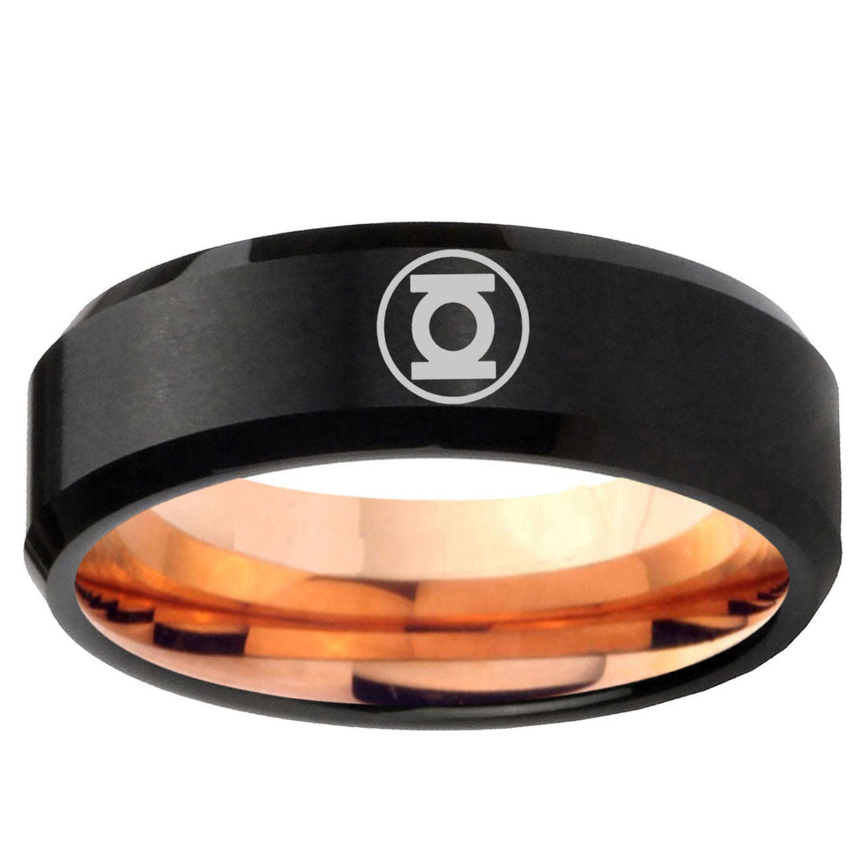 5MM Green Lantern Beveled Rose Gold Black Tungsten Mens Wedding Band