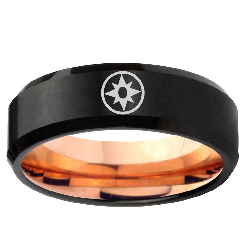 5mm Star Sapphire Lantern Two-Tone Beveled Black Rose Gold Tungsten Band