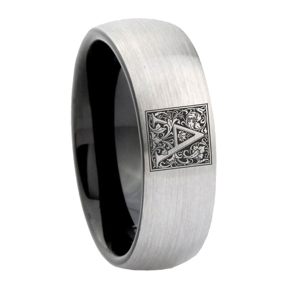 8mm-Dome-Gray-and-Black-Tungsten-Floral-Initial-Letter-A,-Monogram-Wedding-Band