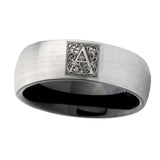8mm-Dome-Gray-and-Black-Tungsten-Floral-Initial-Letter-A,-Monogram-Wedding-Band