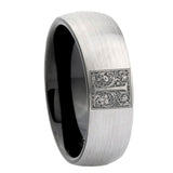 8mm-Dome-Gray-and-Black-Tungsten-Floral-Initial-Letter-I,-Monogram-Wedding-Band