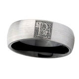 8mm-Dome-Gray-and-Black-Tungsten-Floral-Initial-Letter-P,-Monogram-Wedding-Band