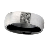 8mm-Dome-Gray-and-Black-Tungsten-Floral-Initial-Letter-R,-Monogram-Wedding-Band