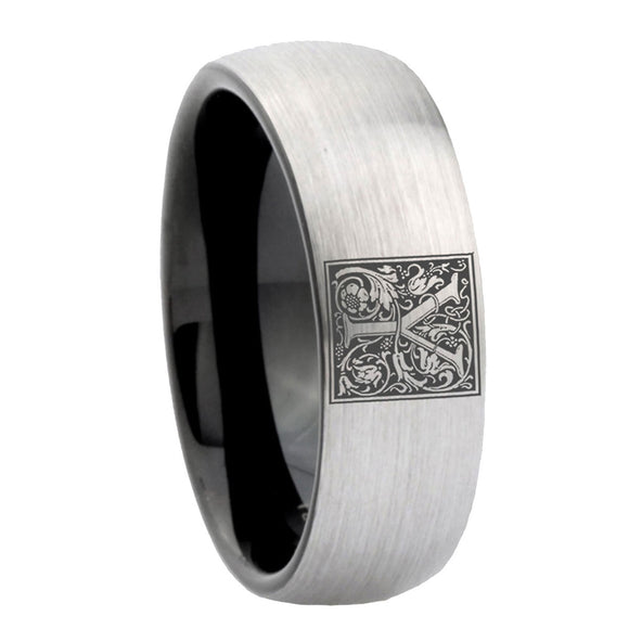 8mm-Dome-Gray-and-Black-Tungsten-Floral-Initial-Letter-Y,-Monogram-Wedding-Band