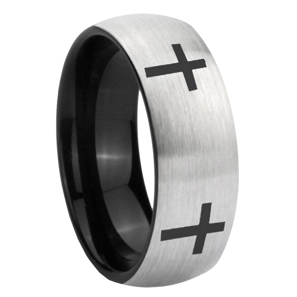 8mm Crosses Two-Tone Classic Dome Gray Black Tungsten Promise Ring