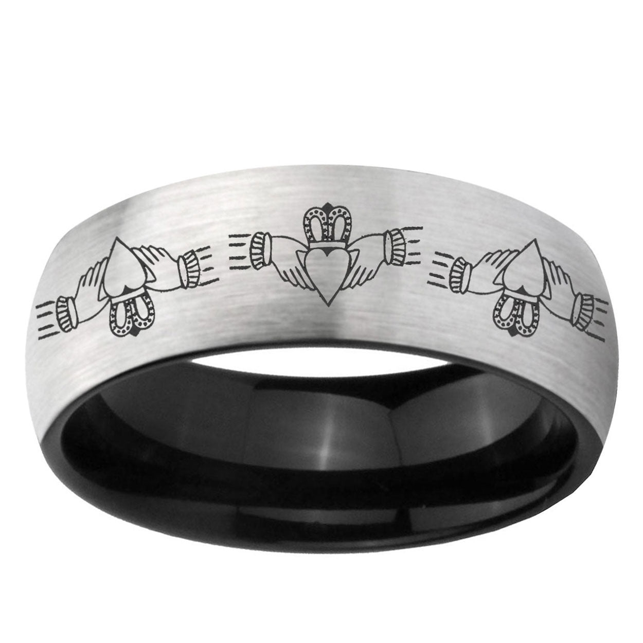 6mm Irish Claddagh Two-Tone Classic Dome Gray Black Tungsten Promise Ring