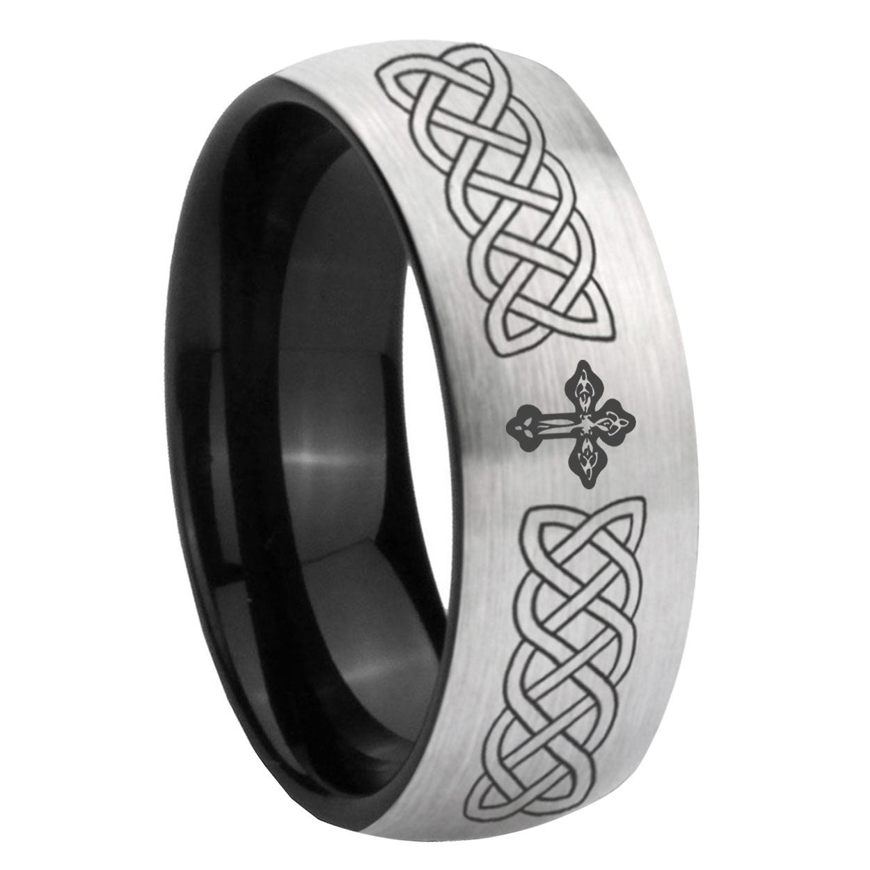 8mm Celtic Cross Two-Tone Classic Dome Gray Black Tungsten Promise Ring