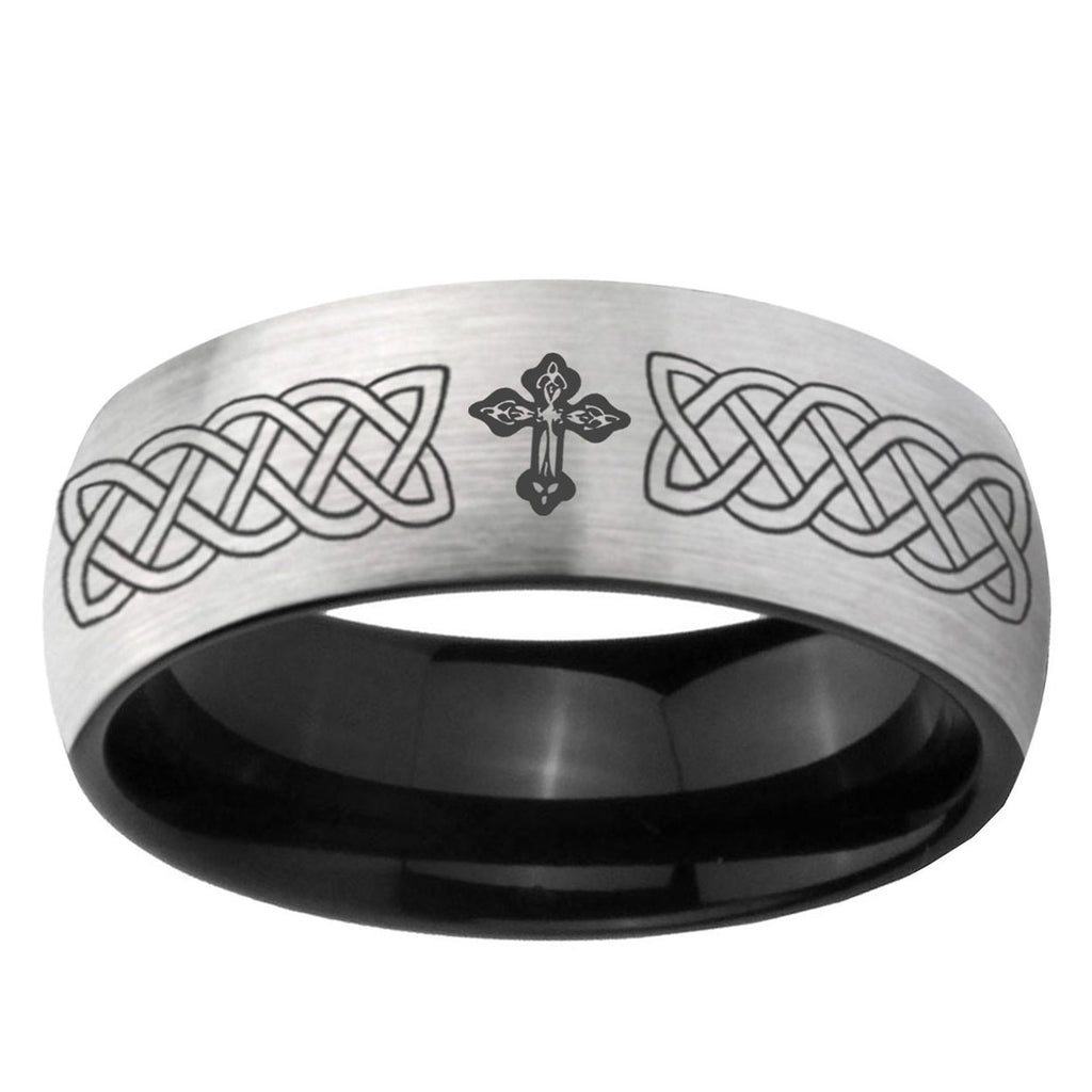 6mm Celtic Cross Two-Tone Classic Dome Gray Black Tungsten Promise Ring