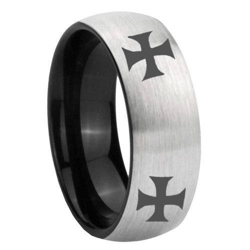 8mm 4 Maltese Cross Two-Tone Classic Dome Gray Black Tungsten Promise Ring