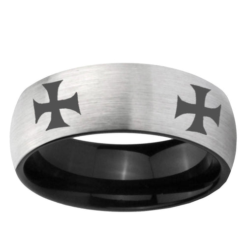 6mm 4 Maltese Cross Two-Tone Classic Dome Gray Black Tungsten Promise Ring