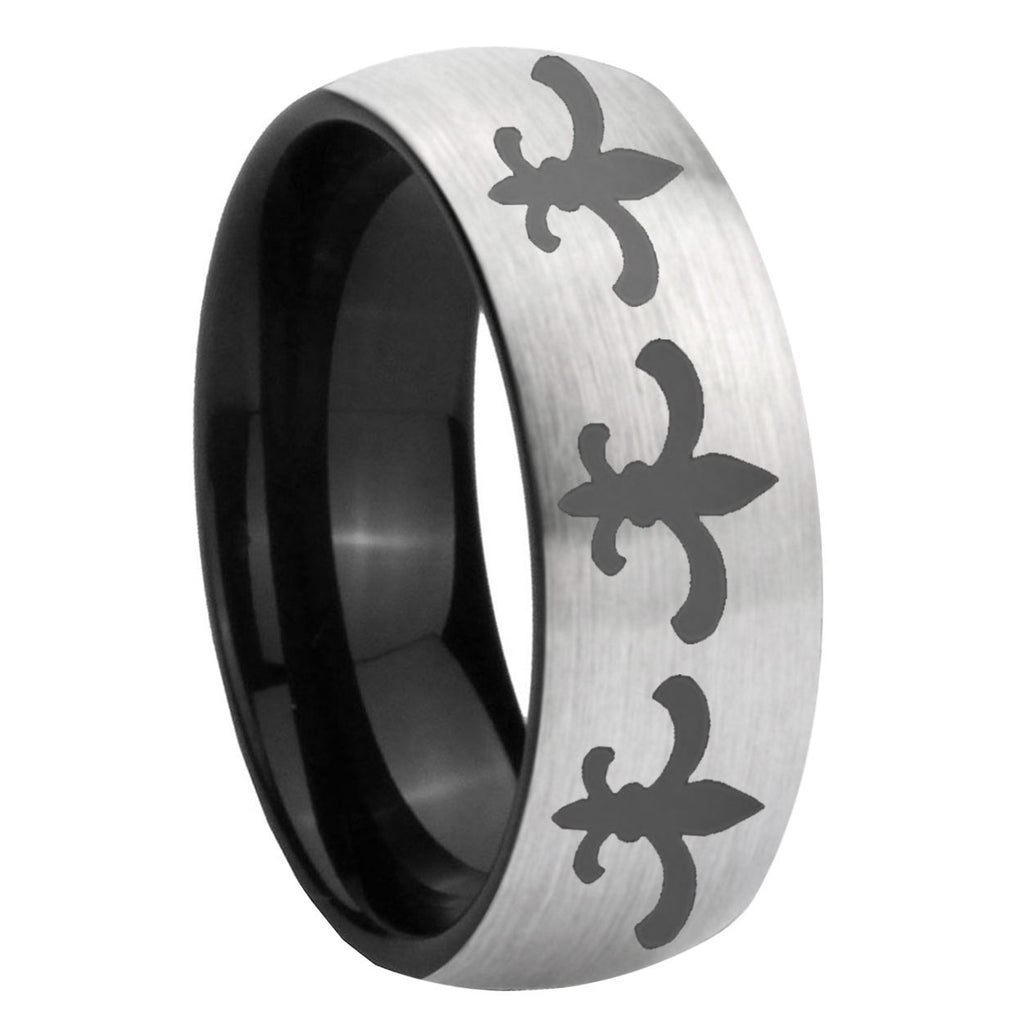 8mm Multi Fleur-De-Lis Two-Tone Classic Dome Gray Black Tungsten Promise Ring