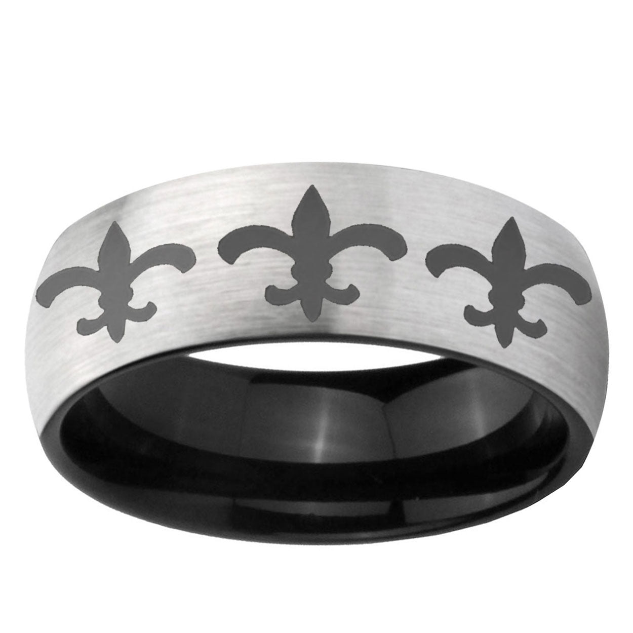 6mm Multi Fleur-De-Lis Two-Tone Classic Dome Gray Black Tungsten Promise Ring