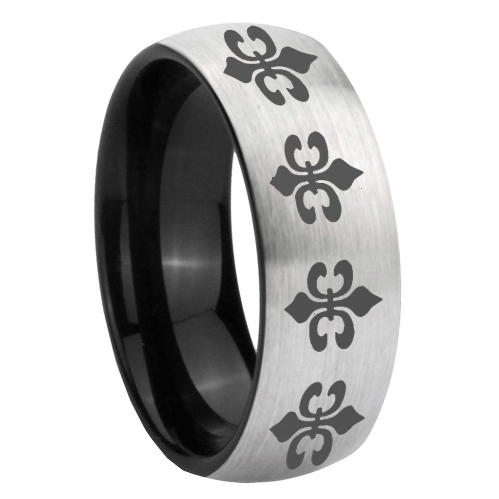 8mm Multi Fleur Delis Two-Tone Classic Dome Gray Black Tungsten Promise Ring