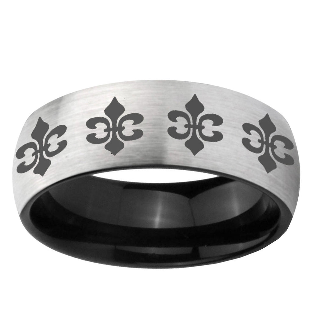 6mm Multi Fleur Delis Two-Tone Classic Dome Gray Black Tungsten Promise Ring