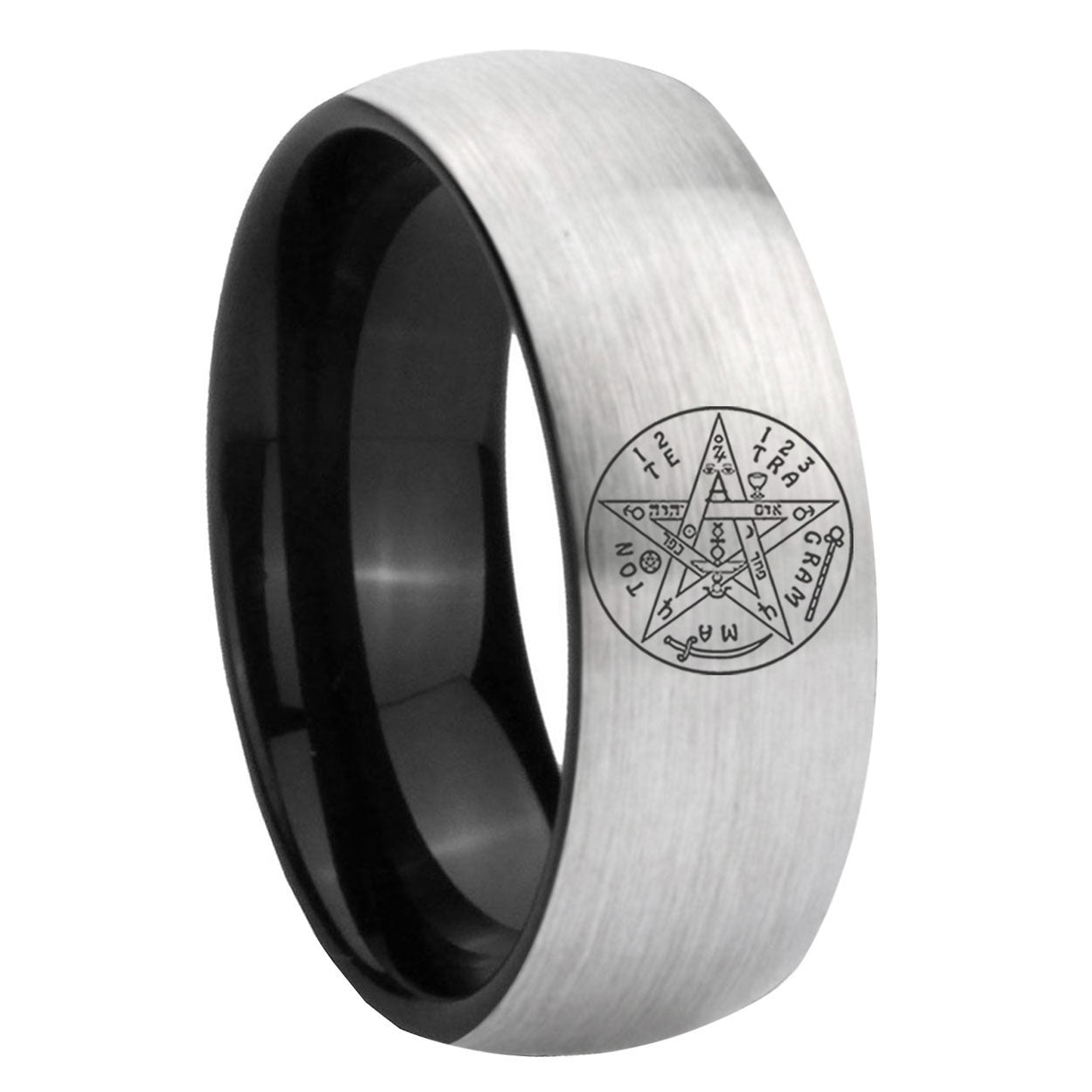 8mm Tetragrammaton Spiritual Two-Tone Classic Dome Gray Black Tungsten Promise Ring