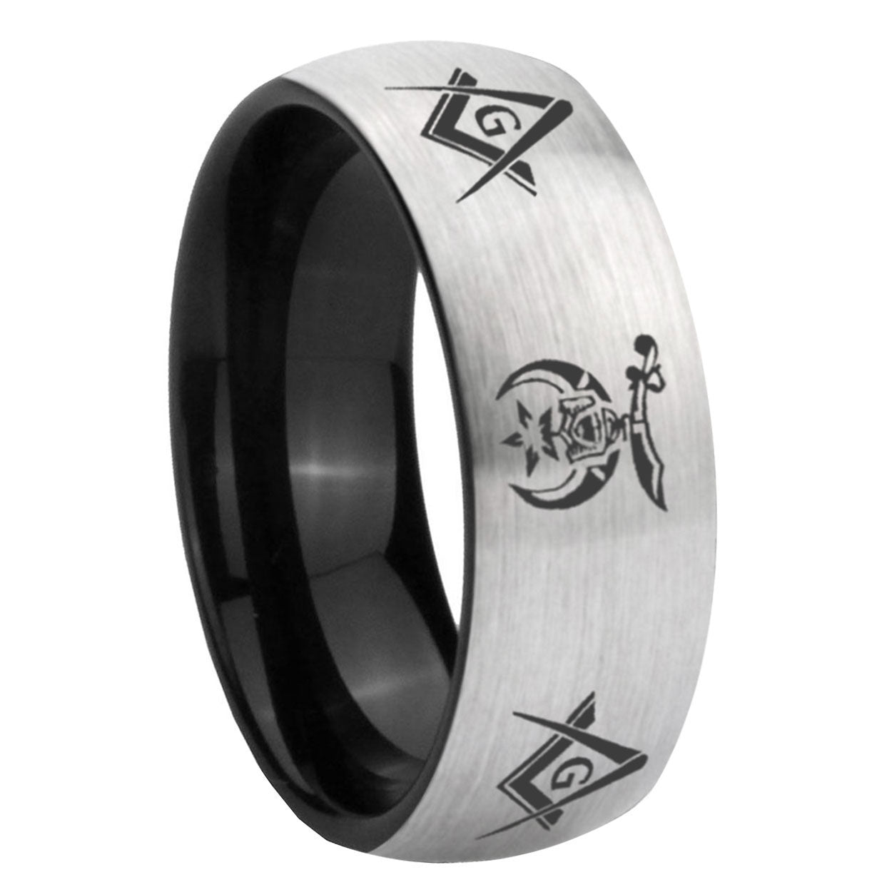 8mm Masonic Shriners Two-Tone Classic Dome Gray Black Tungsten Promise Ring
