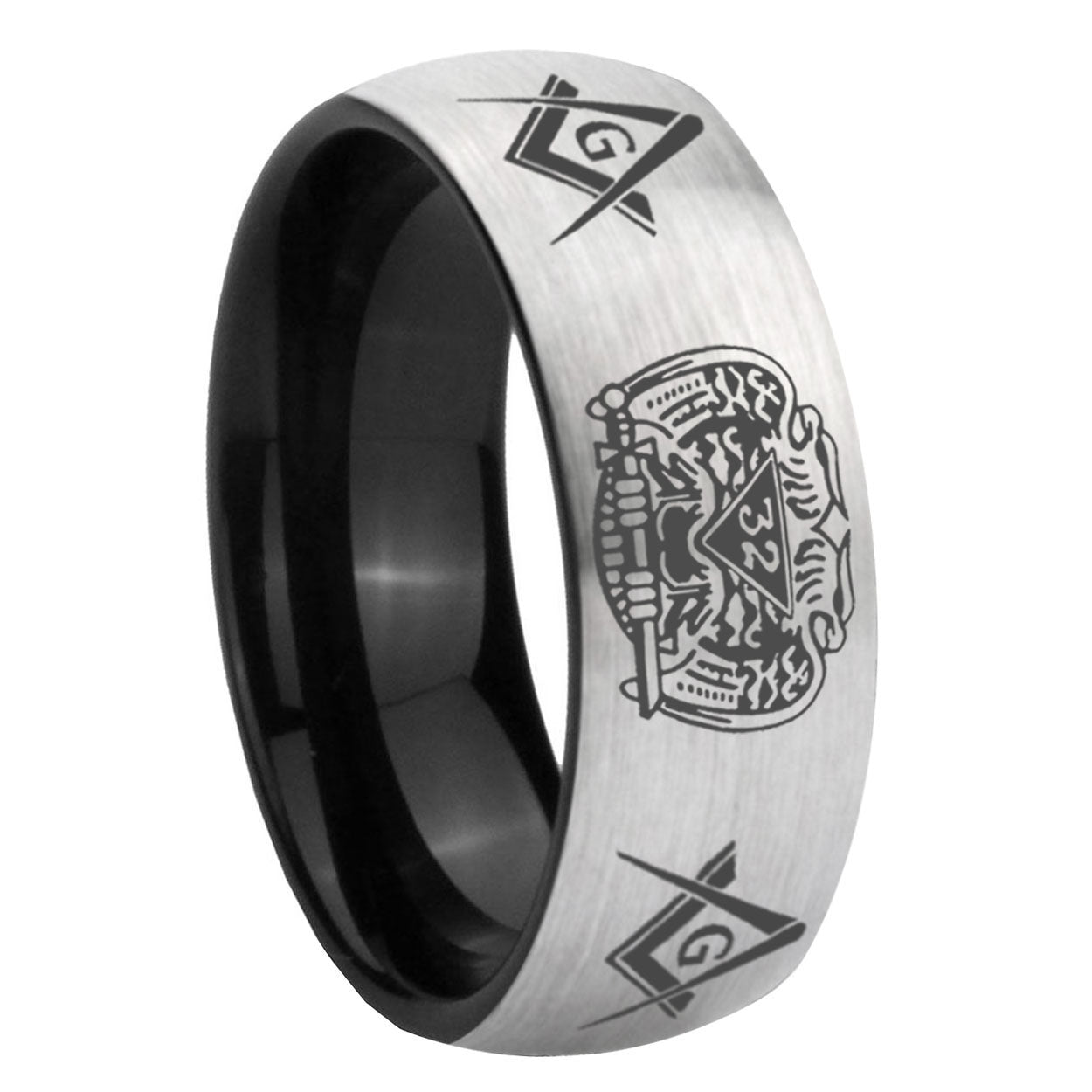 8mm Masonic 32 Design Two-Tone Classic Dome Gray Black Tungsten Promise Ring