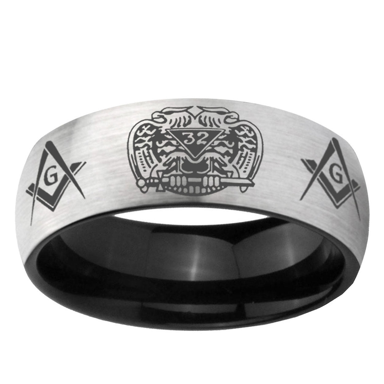 6mm Masonic 32 Design Two-Tone Classic Dome Gray Black Tungsten Promise Ring
