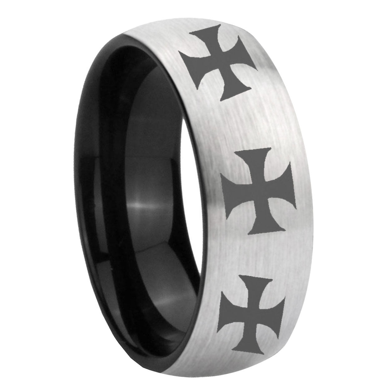 8mm Multi Maltese Cross Two-Tone Classic Dome Gray Black Tungsten Promise Ring