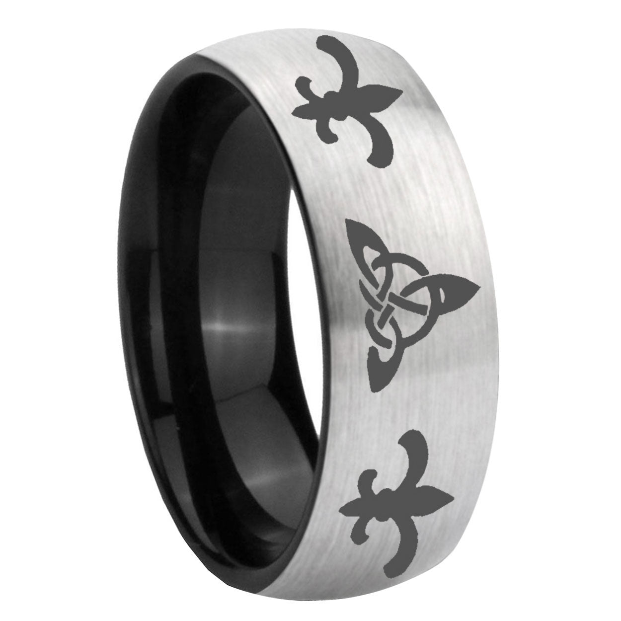 8mm Celtic Triangle Fleur Delis Two-Tone Classic Dome Gray Black Tungsten Promise Ring